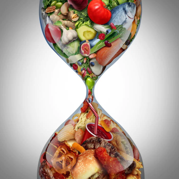 Sablier rempli d'aliments sains illustrant les macronutriments