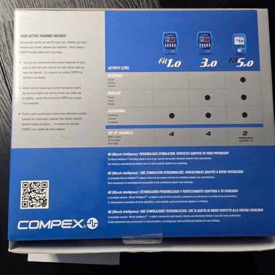 Dos de la boîte Compex comparant FIT 1.0, FIT 3.0 et FIT 5.0, avec le nombre de canaux de chaque modèle