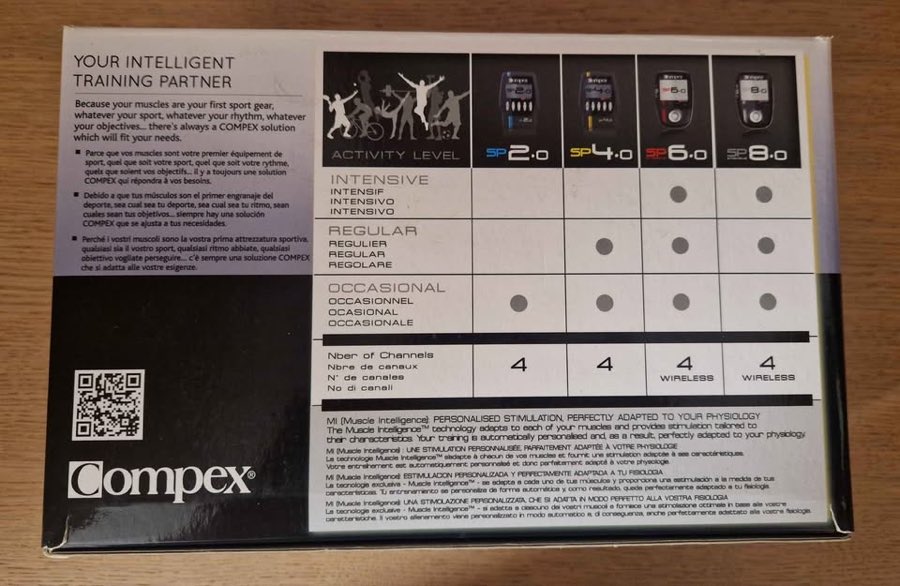 Dos de la boîte Compex comparant les SP 2.0, SP 4.0, SP 6.0 et SP 8.0, avec le nombre de canaux et la mention wireless