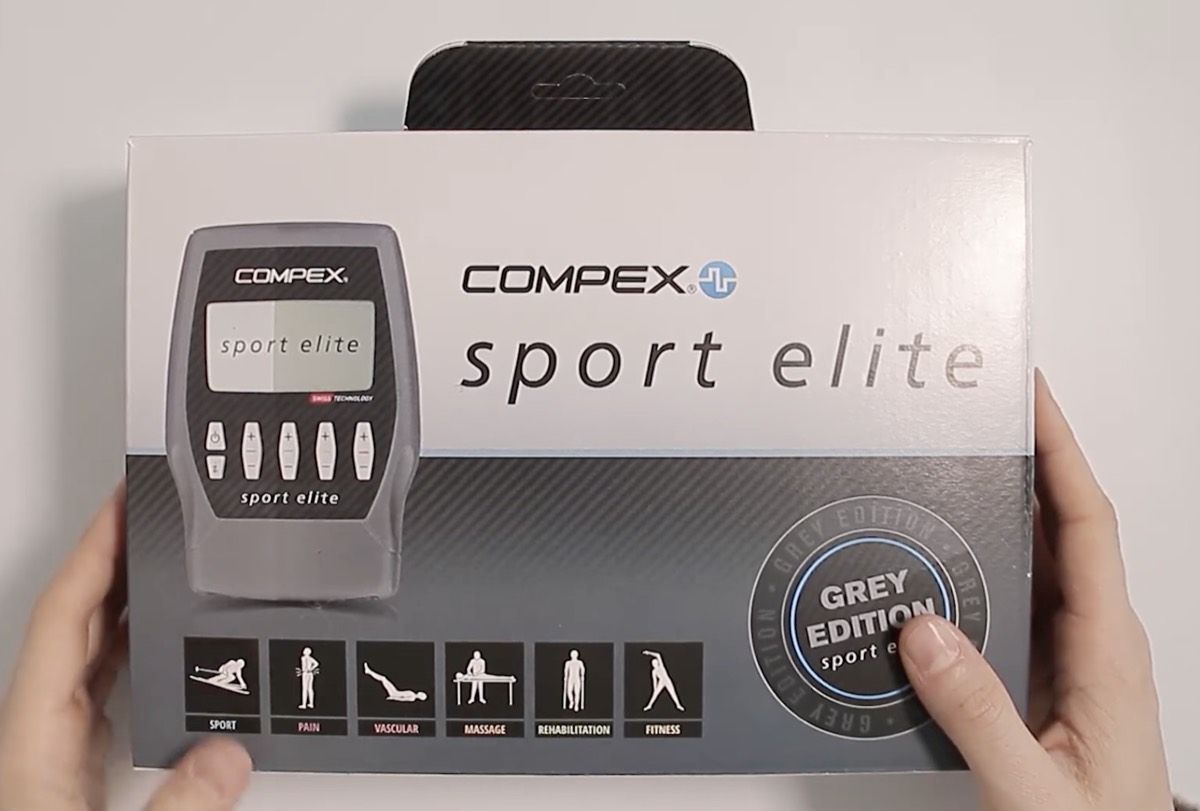 Boîte du Compex Sport Elite Grey Edition avec les six pictogrammes de catégories de programmes