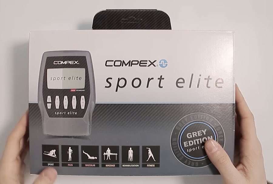 Boîte du Compex Sport Elite Grey Edition avec les six pictogrammes de catégories de programmes