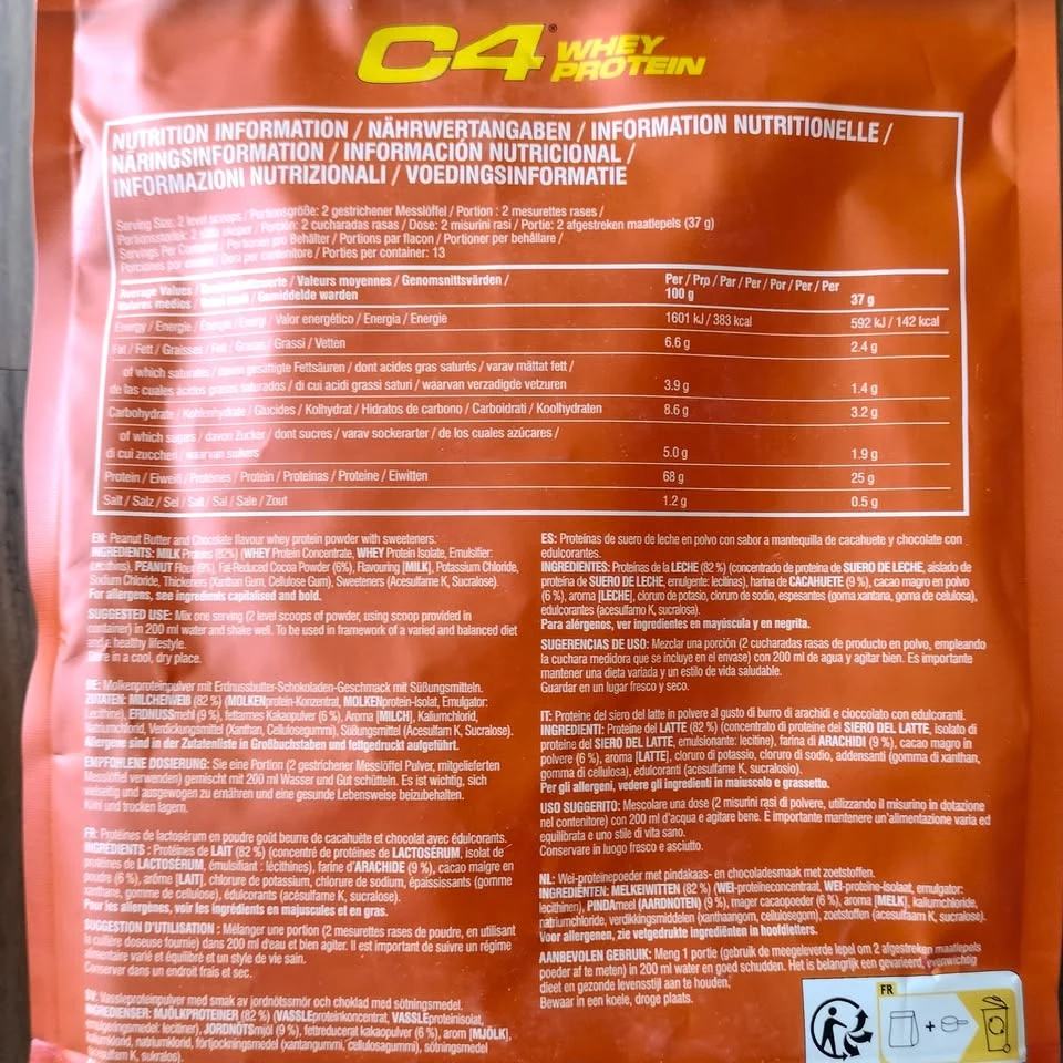 Dos du sachet C4 Whey Protein Reese's : tableau nutritionnel pour 37 g et liste des ingrédients