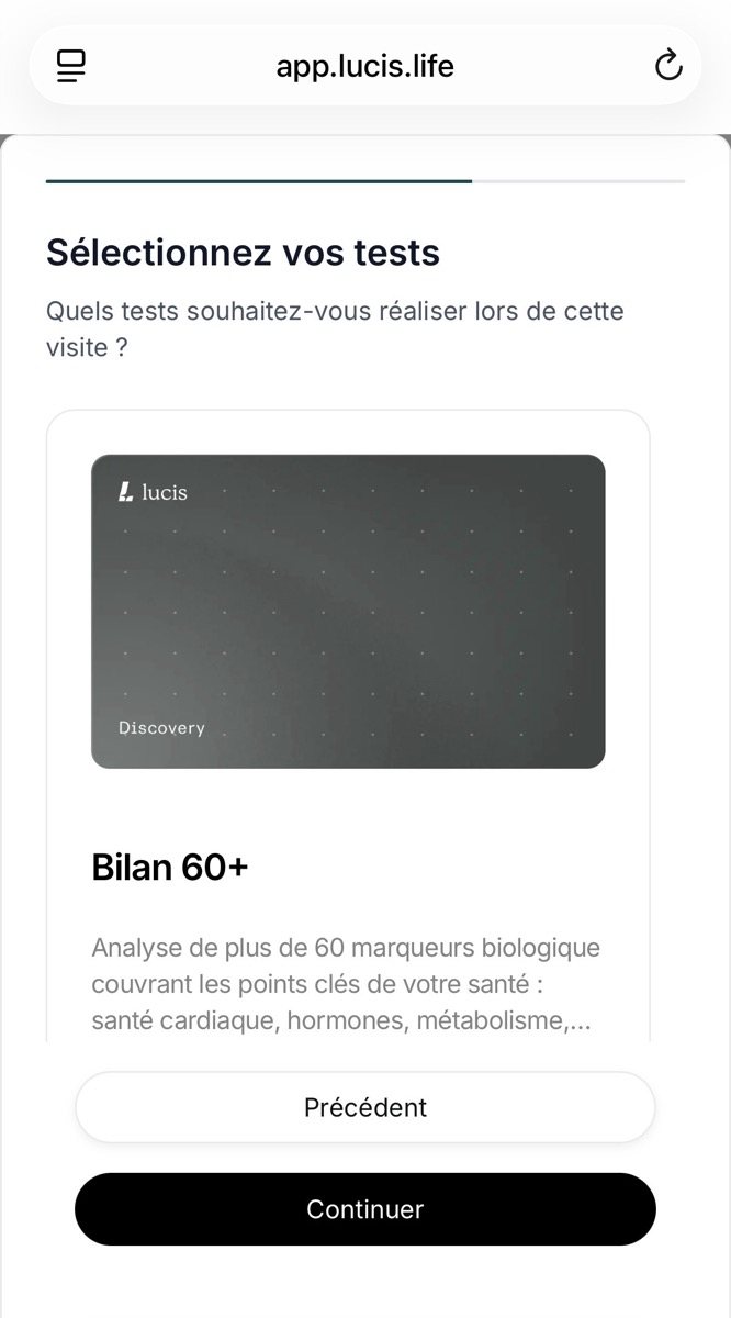 Carte d'abonnement Lucis Discovery Bilan 60+ affichée dans l'application au moment de la sélection du test