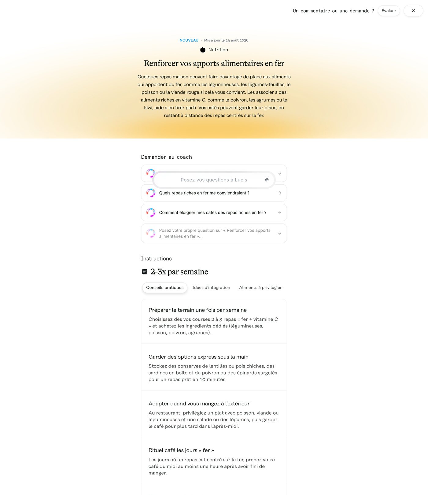 Fiche détaillée de l'action Lucis Renforcer vos apports alimentaires en fer, avec conseils pratiques, impact sur le corps et suivi des progrès par semaines