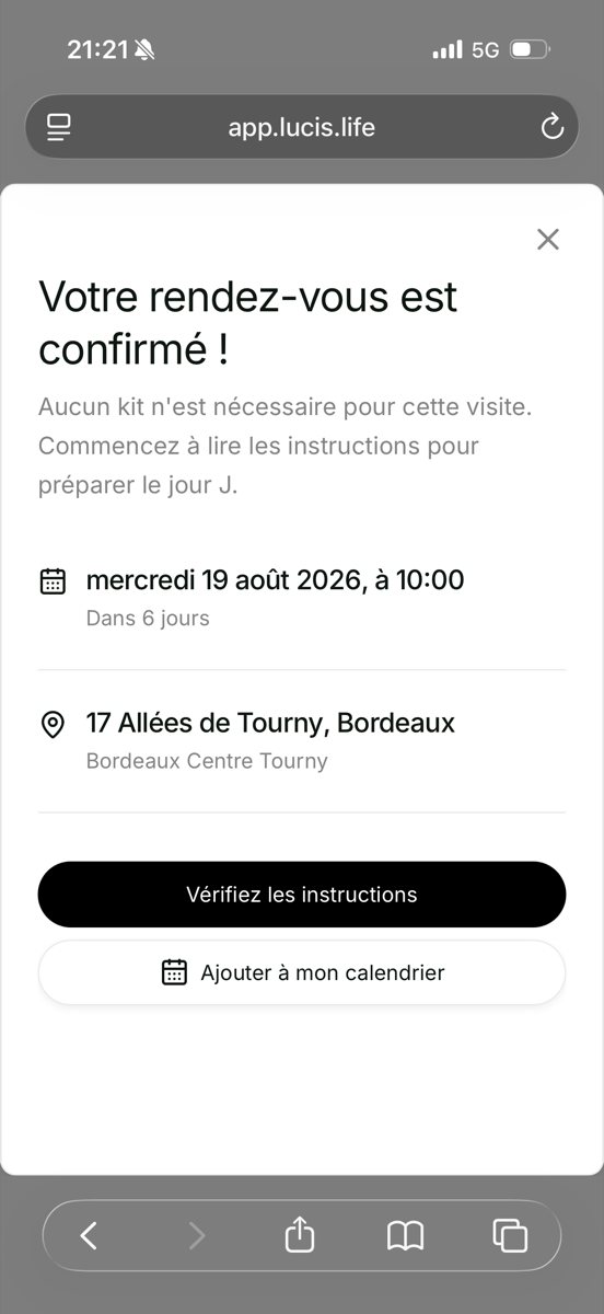 Confirmation du rendez-vous Lucis le mercredi 19 août 2026 à 10h au laboratoire Eurofins 17 Allées de Tourny à Bordeaux, sans kit nécessaire