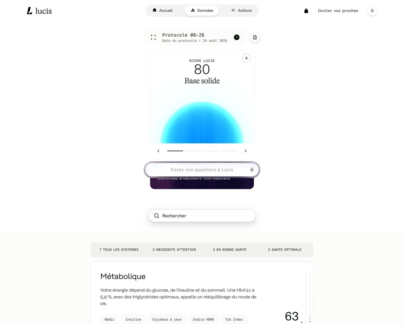 Score Lucis de 80 sur 100 noté Base solide et système métabolique à 63 avec HbA1c, insuline, glycémie à jeun et indice HOMA
