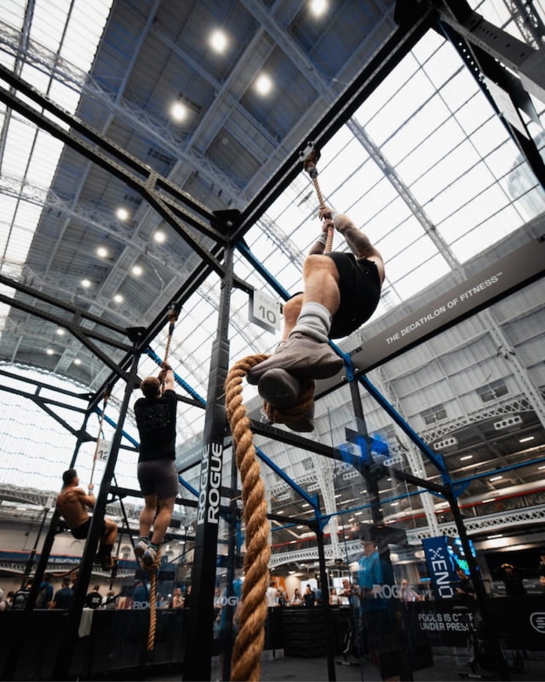 Trois athlètes en montée de corde sur un rig Rogue lors du XENOM London 2026, sous la verrière de l'Olympia, avec le panneau THE DECATHLON OF FITNESS en fond